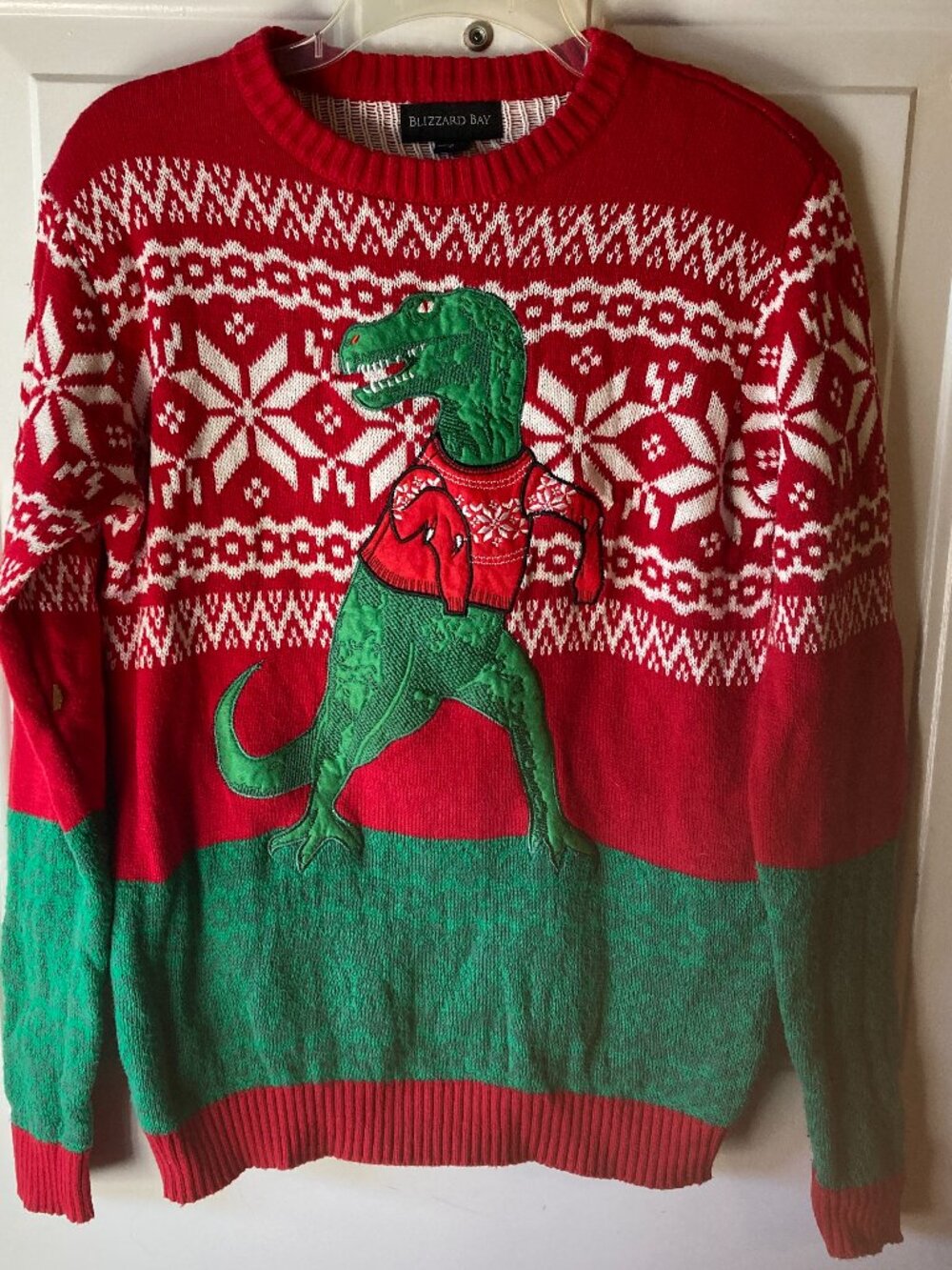 Blizzard Bay Men's Ugly Christmas Sweater T Rex Dinosaur Red Green Size S Small